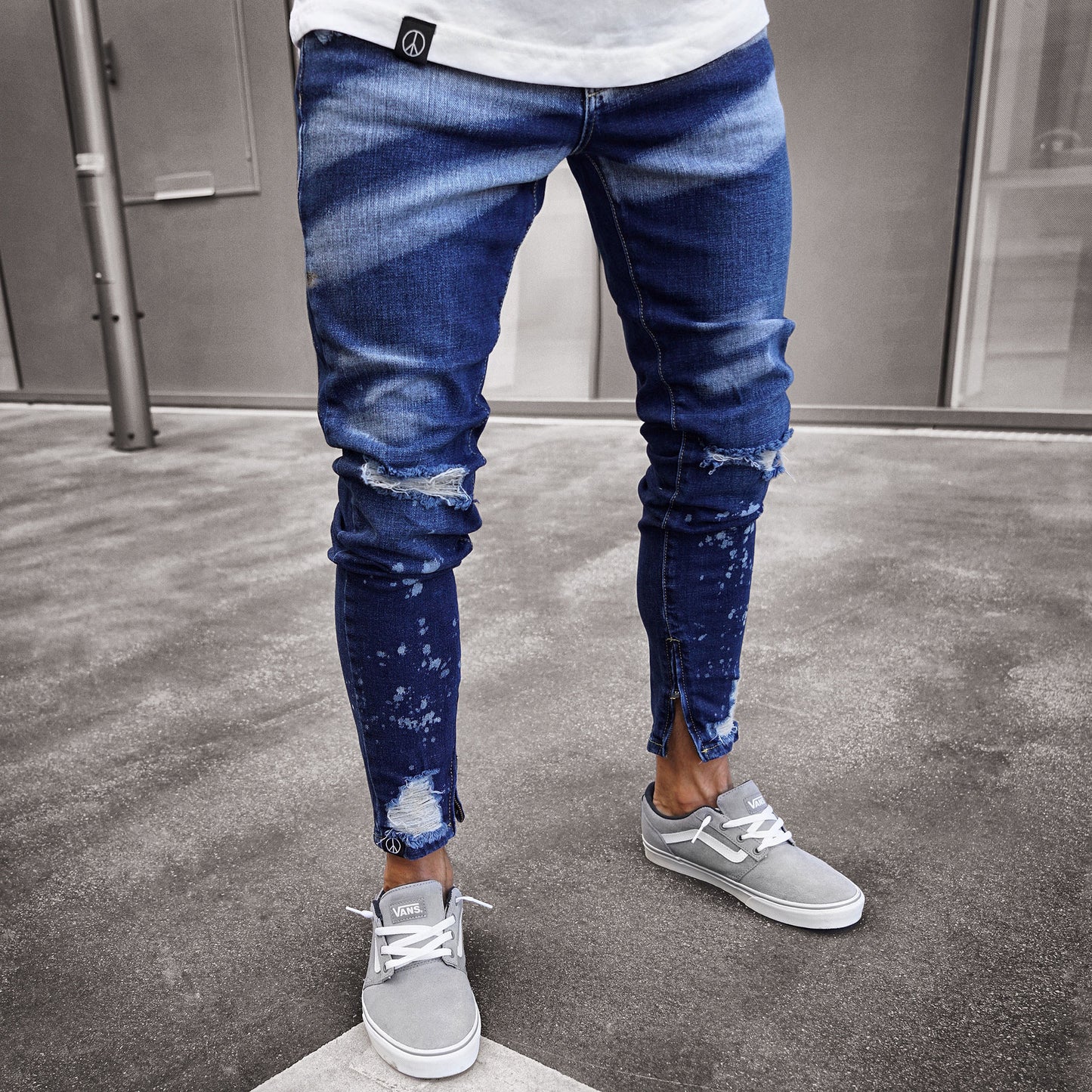 2025 2025 ripped denim men's pants wish popular paint zipper personalized slim-fitting small feet jeans