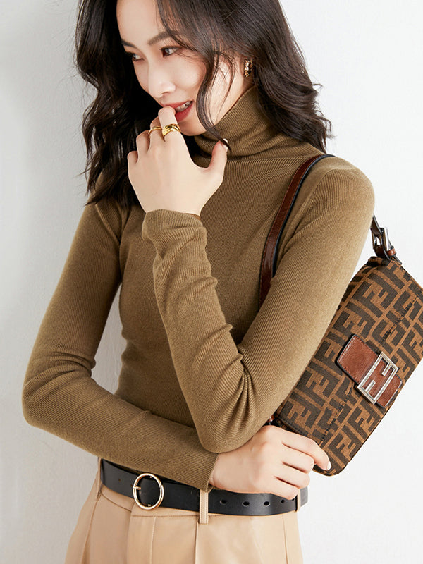 xakxx Simple Skinny Long Sleeves Solid Color High-Neck Sweater Tops Pullovers