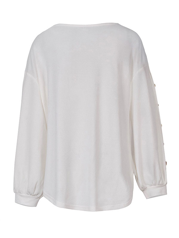 xakxx Simple Loose Long Sleeves Solid Color Round-Neck T-Shirts Tops