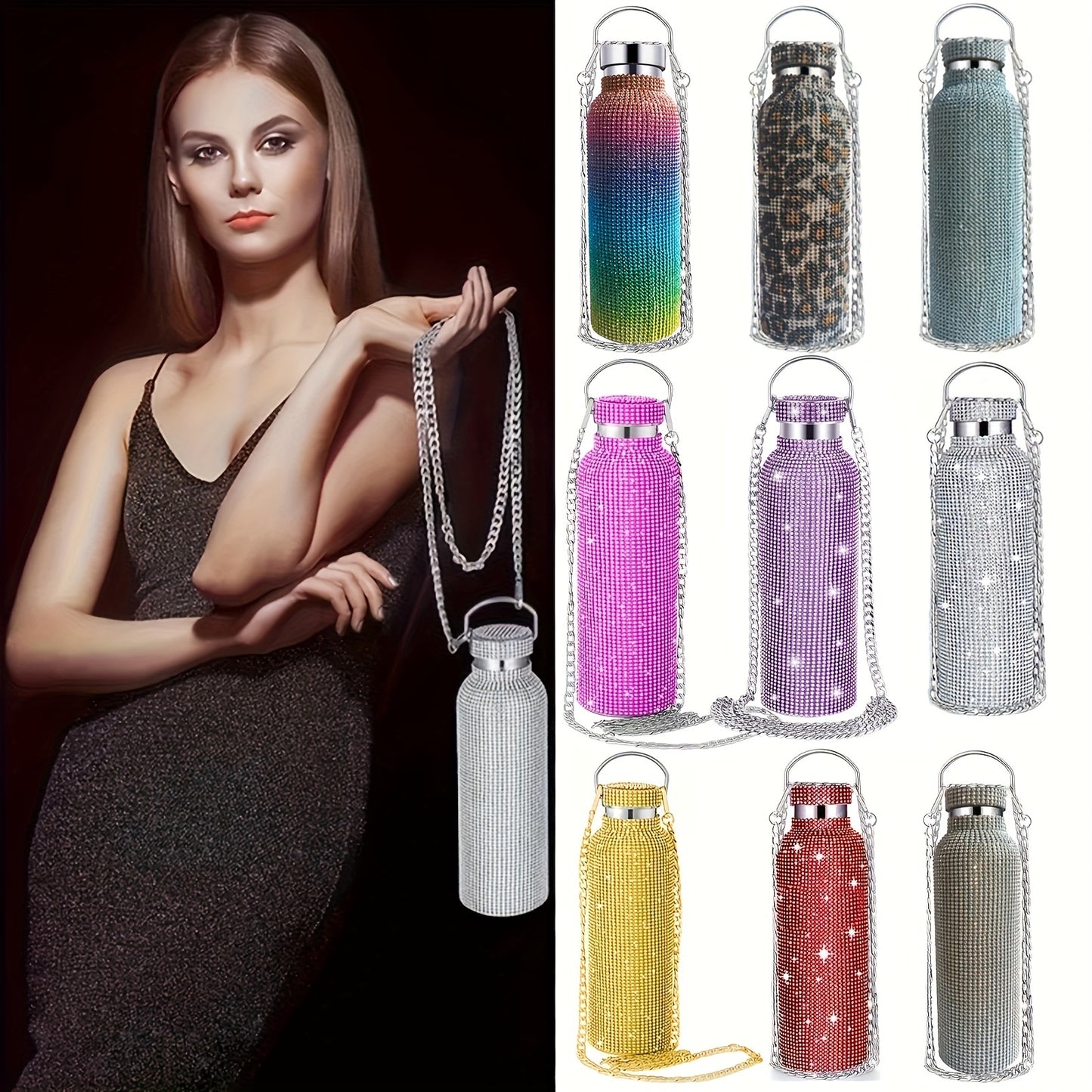 1pc, Studded Vacuum Flask, Stainless Steel Insulated Water Bottles, Shiny Glitter Rhinestone Decor Thermal Cups, For Hot And Cold Beverages, Summer Winter Drinkware, Travel Accessories, Birthday Gifts, Multiple Sizes Optional