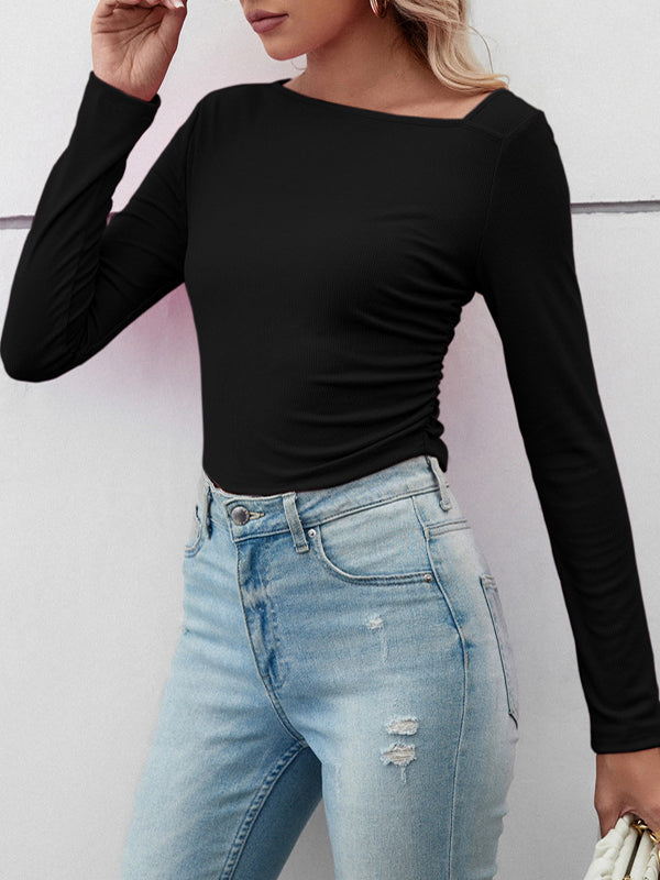 xakxx Long Sleeves Skinny Solid Color Asymmetric Collar T-Shirts Tops