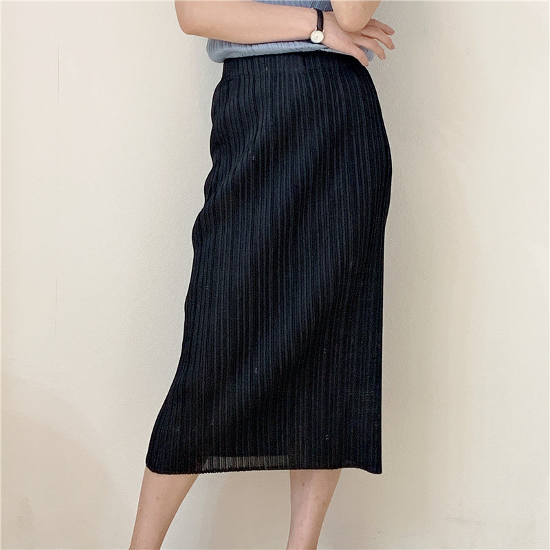 2025 Summer new product temperament Sanzhai skirt casual pleated slim fit long high elastic pleated hip skirt one step skirt