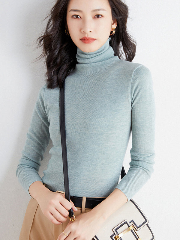xakxx Simple Skinny Long Sleeves Solid Color High-Neck Sweater Tops Pullovers
