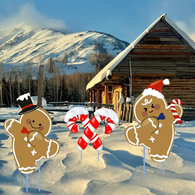 3pcs Christmas Gingerbread for Man & Candy Cane Yard Stakes Set - Outdoor Holiday Decor for Garden, Lawn, and Pathways