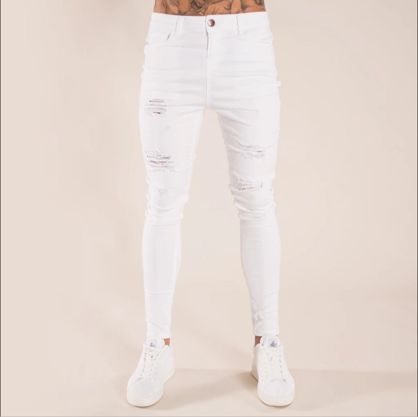 2025 Popularan Station New Men's Pants 2021 Autumn White Ripped 2025 Cross-border Black Slim-fit High Waist Jeans Men's Clothing