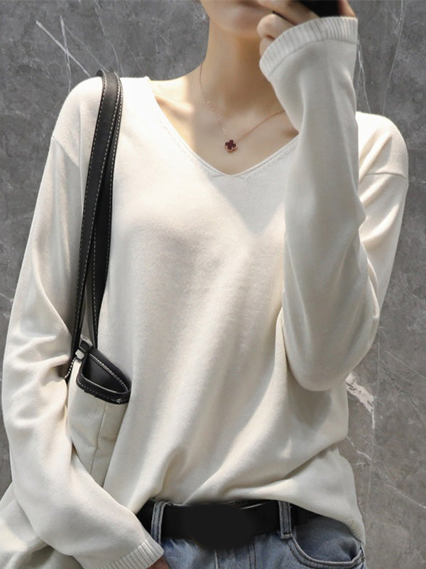 xakxx Simple Solid Color V-Neck Long Sleeve Knitwear Tops