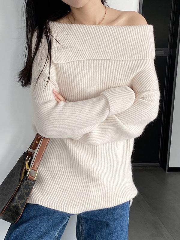 xakxx Long Sleeves Loose Solid Color Off-The-Shoulder Knitwear Pullovers Sweater