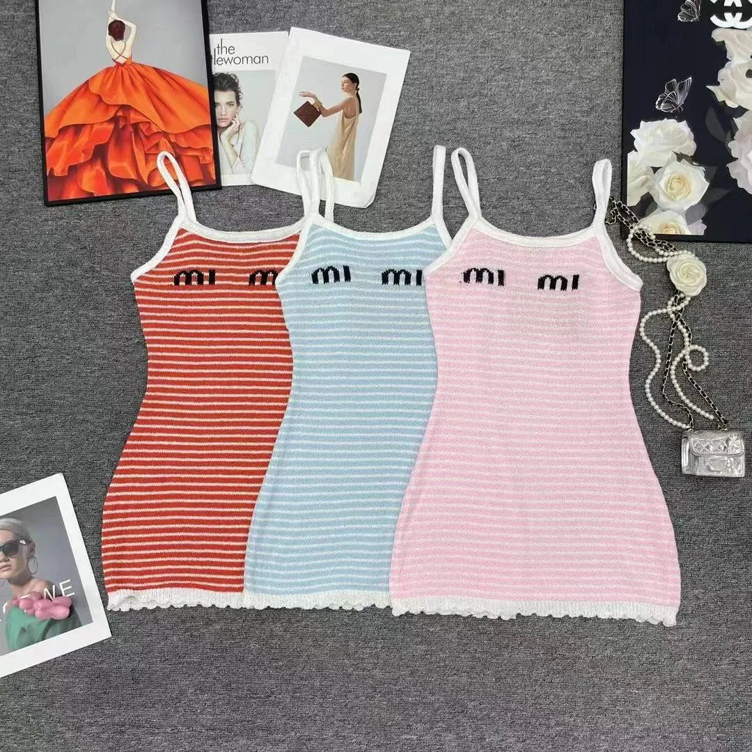 Designer Womens Spaghetti Strap Dress Designer Tops Embroidery Knits Tees Summer Spring Outwears For Lady Slim Dresses Basic Classic Shirts Fluffy Skirts S-L