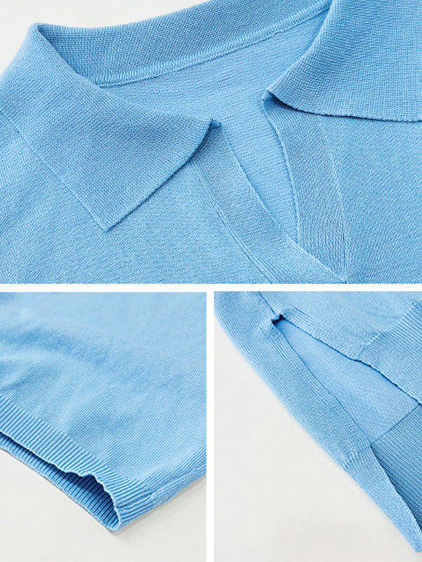 xakxx Loose Three-Quarter Sleeves Solid Color Split-Joint Lapel T-Shirts