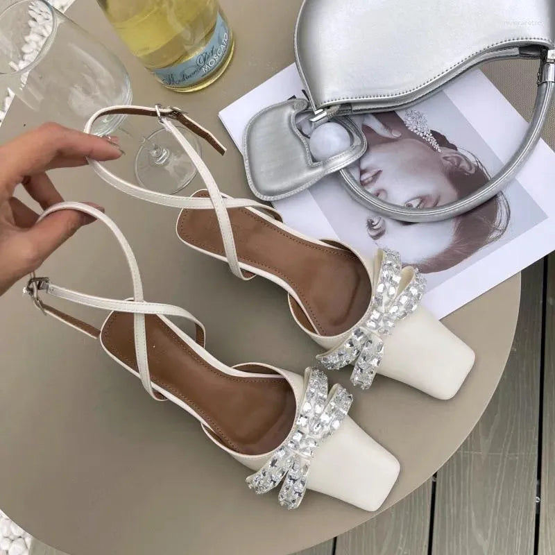 Dress Shoes Rhinestone Bow High Heeled Sandals Women Ankle Straps Low Heel Square Headed Pumps Sandalias Mujer