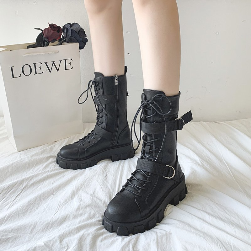 Purpdrank - Women's Shoes New Spring Style Platform Comfortable Boots Zipper Casual Mid-Calf Round Toe Flat with Boots Femmes Bottes