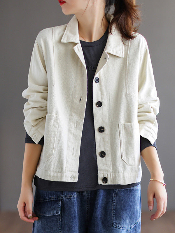 xakxx Vintage Loose Long Sleeves Buttoned Solid Color Lapel Collar Outerwear