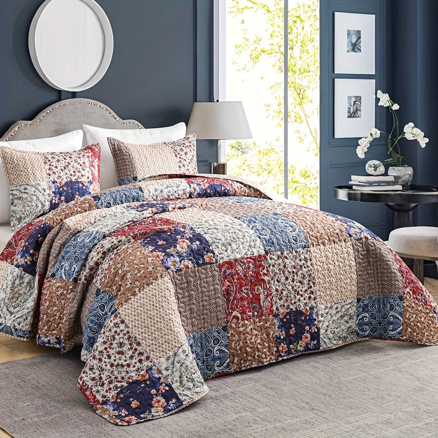 3-Piece Floral Block Checkered Pattern Bedspread Set - Double-Sided, Soft, Breathable, and Hypoallergenic Bedding for All Seasons - Includes 1 Bedspread and 2 Pillowcases (No Core)