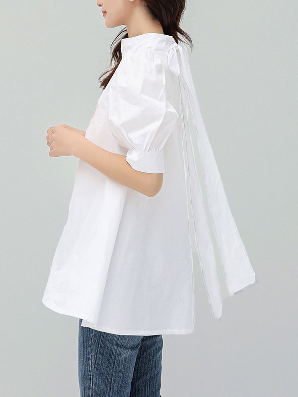 xakxx Casual Loose Bow-Embellished Solid Color Blouse