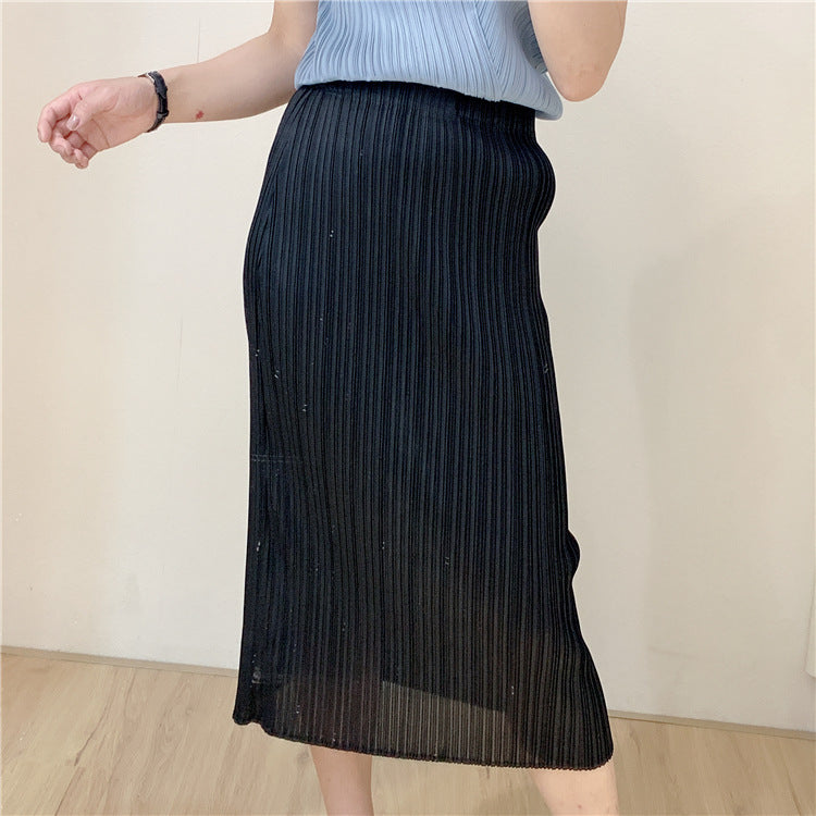 2025 Summer new product temperament Sanzhai skirt casual pleated slim fit long high elastic pleated hip skirt one step skirt