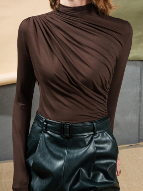 xakxx Long Sleeves Skinny Pleated Solid Color High-Neck T-Shirts Tops