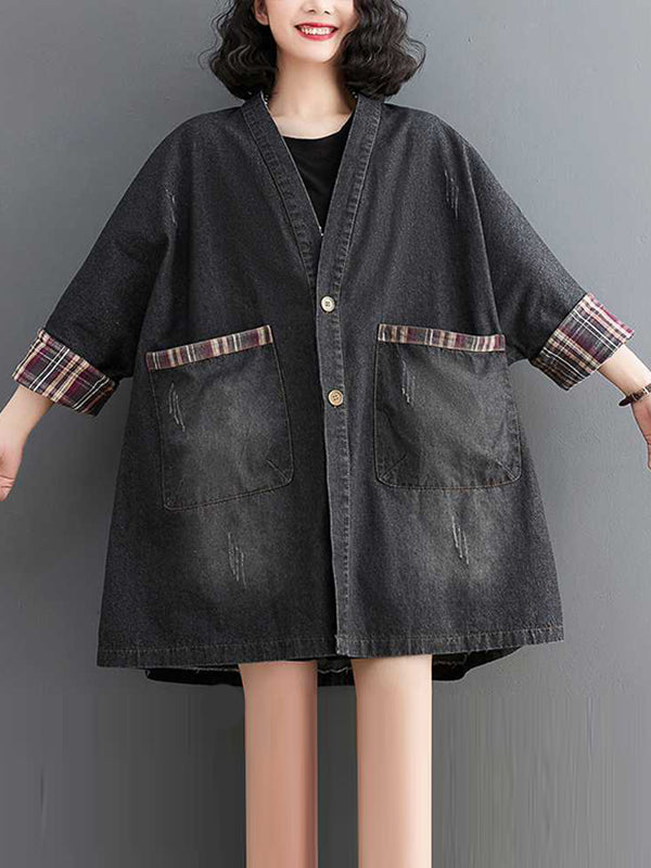 xakxx Long Sleeves Loose Buttoned Plaid Pockets Split-Joint V-Neck Denim Outerwear