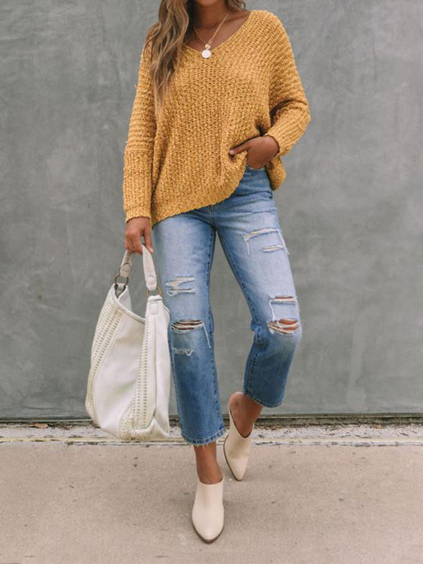 xakxx Long Sleeves Loose Solid Color V-Neck Knitwear Pullovers Sweater Tops