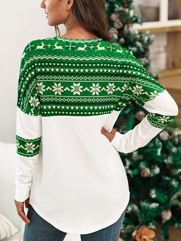 xakxx Long Sleeves Loose Animal Printed Split-Joint Round-Neck T-Shirts Tops