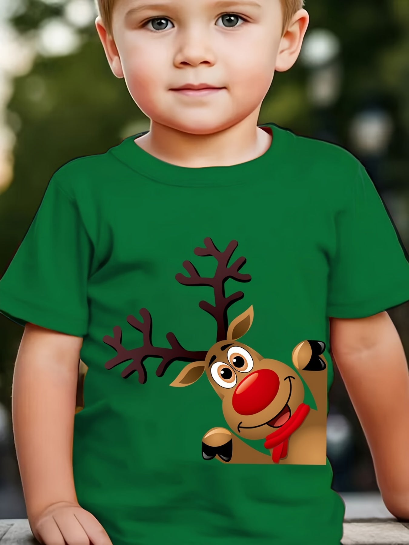 Boys' Summer Fashion T-Shirt with Cute Reindeer Print - Casual Short Sleeve, Polyester, Christmas Theme