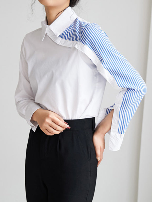 xakxx Long Sleeves Irregularity Striped Solid Contrast Color Lapel Collar Blouses