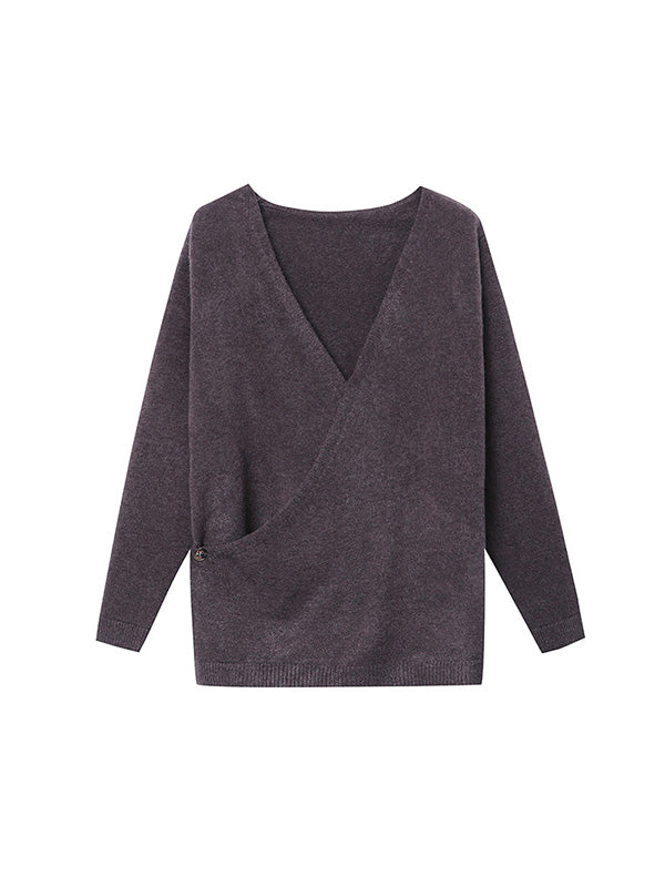 xakxx Long Sleeves Loose Asymmetric Buttoned V-neck Sweater Tops