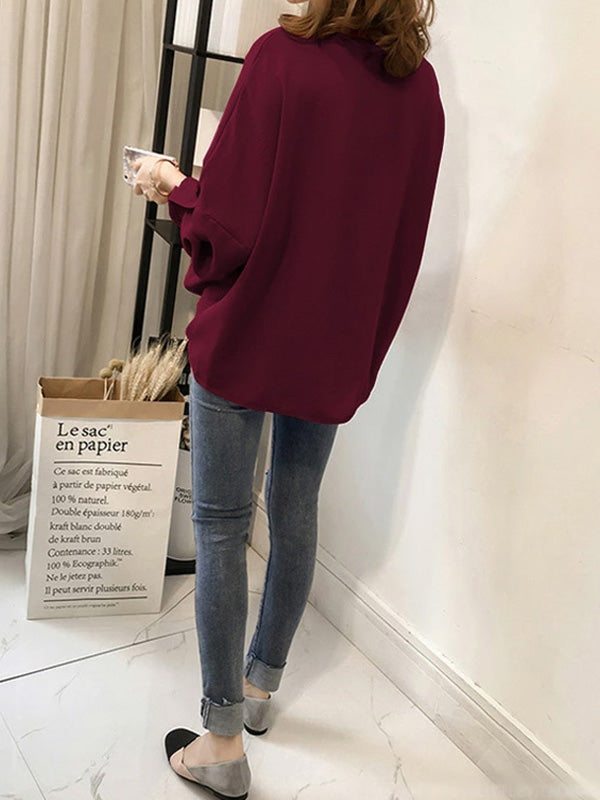 xakxx Casual Long Sleeves Loose Solid Color V-Neck Blouses&Shirts Tops