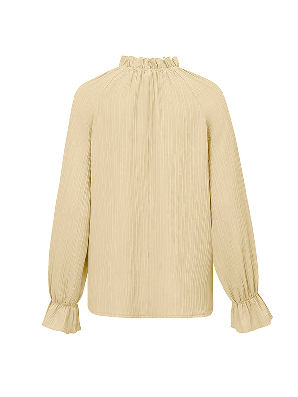 xakxx Long Sleeves Ruffle Sleeves Elasticity Ruffled Solid Color Mock Neck T-Shirts Tops