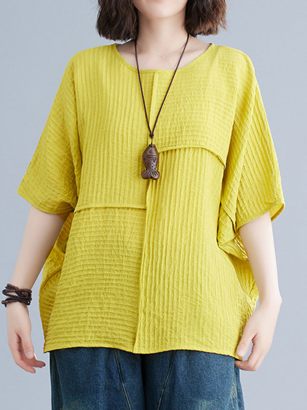 xakxx Batwing Sleeves Loose Solid Color Split-Joint Round-Neck T-Shirts Tops