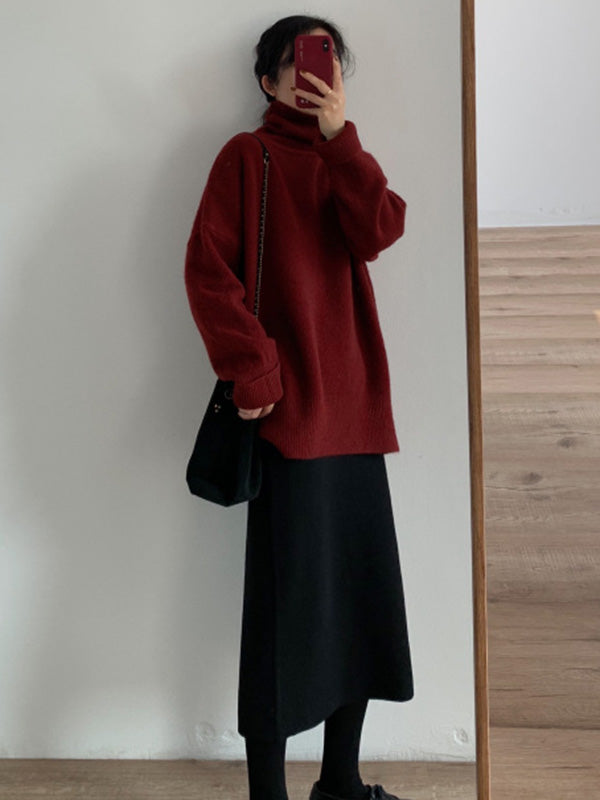 xakxx Casual Long Sleeves Loose Solid Color High-Neck Sweater Tops