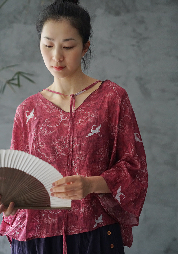 casual literary ramie printed V-neck loose top, retro and fashionable two-wear Japanese style shirt S2112