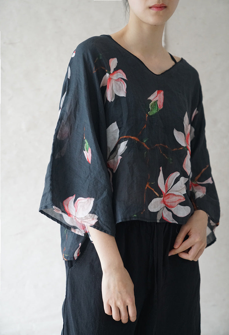 casual literary ramie printed V-neck loose top, retro and fashionable two-wear Japanese style shirt S2112