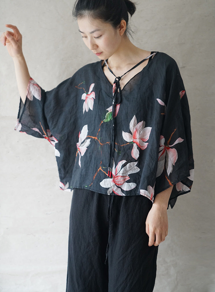 casual literary ramie printed V-neck loose top, retro and fashionable two-wear Japanese style shirt S2112