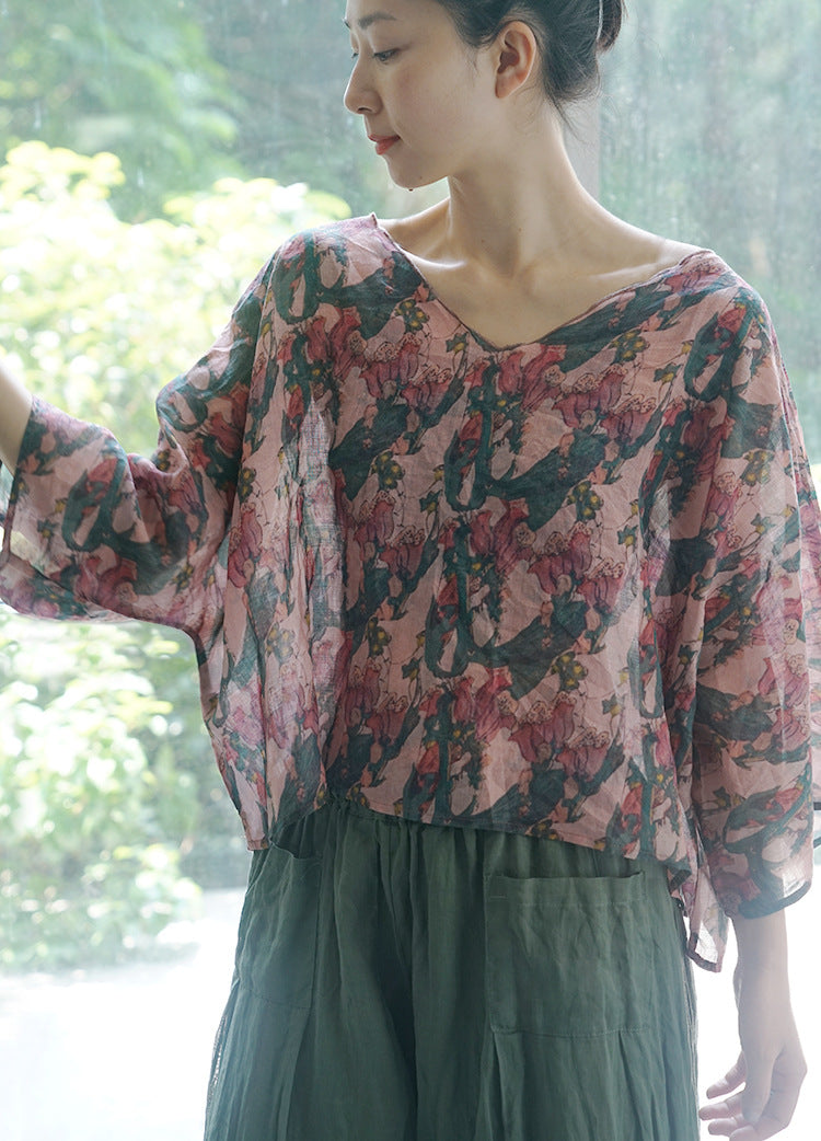 casual literary ramie printed V-neck loose top, retro and fashionable two-wear Japanese style shirt S2112