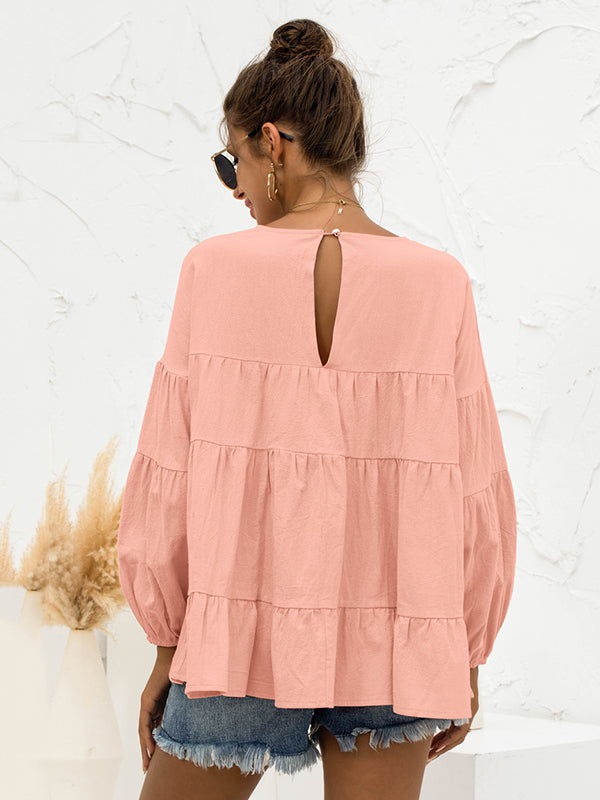 xakxx Casual Long Sleeves Puff Sleeves Solid Color Round-Neck T-Shirts Tops