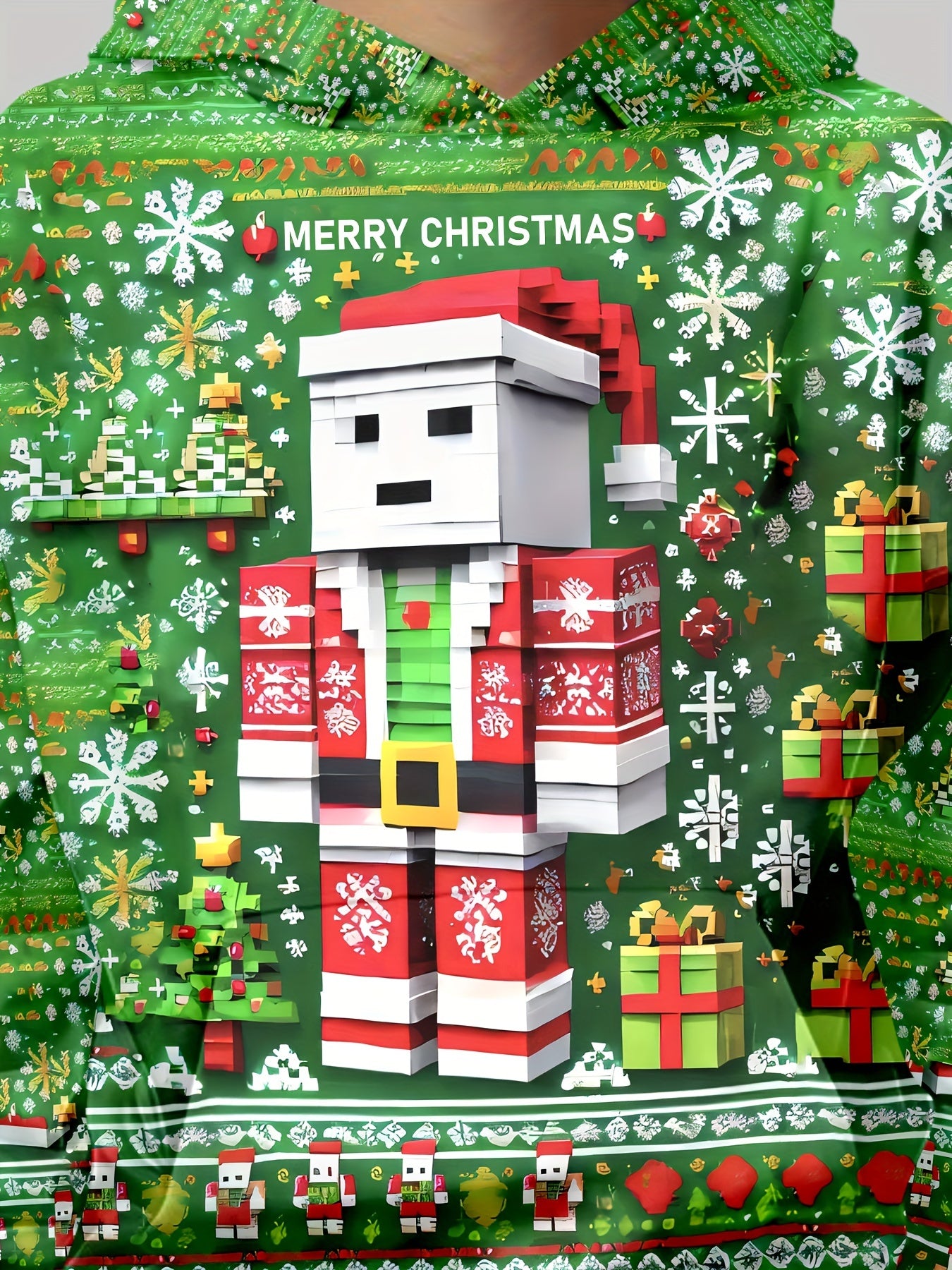Boy's 3D Printed Christmas Toy Brick Santa Claus Hoodie, Spring Autumn Winter Long Sleeve Hooded Sweatshirt With Pocket, Outdoor Casual Top
