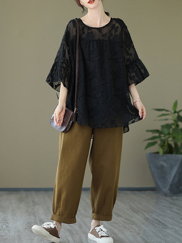 xakxx Loose Short Sleeves Falbala Pleated See-Through Split-Joint Round-Neck T-Shirts