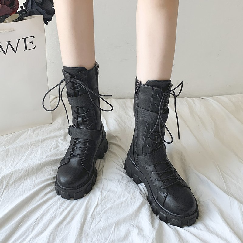 Purpdrank - Women's Shoes New Spring Style Platform Comfortable Boots Zipper Casual Mid-Calf Round Toe Flat with Boots Femmes Bottes