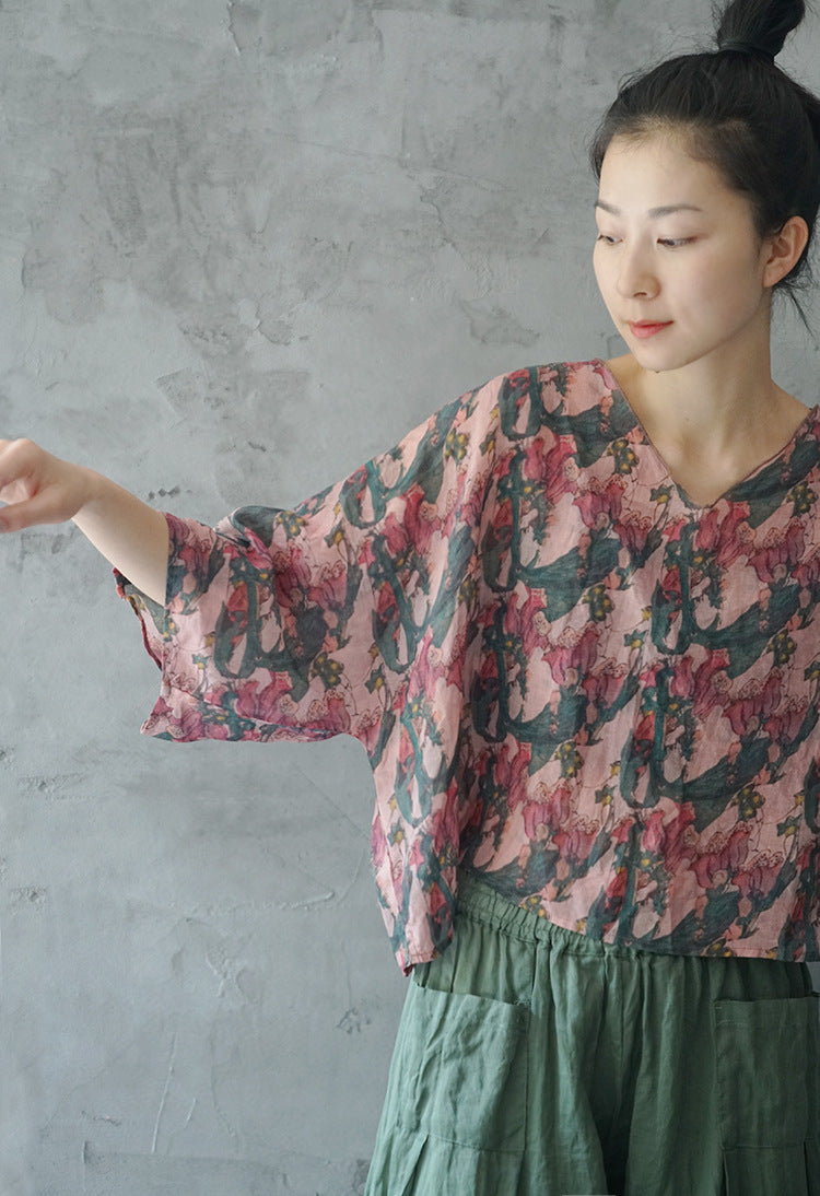 casual literary ramie printed V-neck loose top, retro and fashionable two-wear Japanese style shirt S2112
