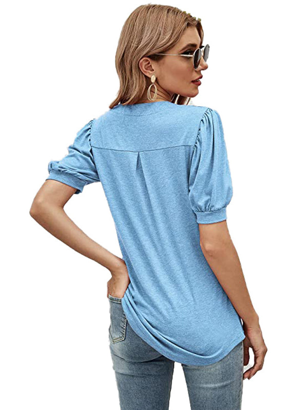 xakxx Simple Solid Color V-Neck Puff Sleeves T-Shirt Top