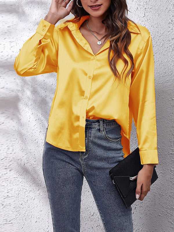 xakxx Long Sleeves Loose Solid Color Lapel Blouses