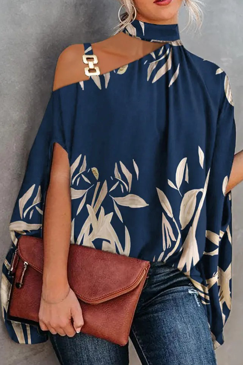 Xakxx - Fashion Print Patchwork One Shoulder Blouses(5 Colors)