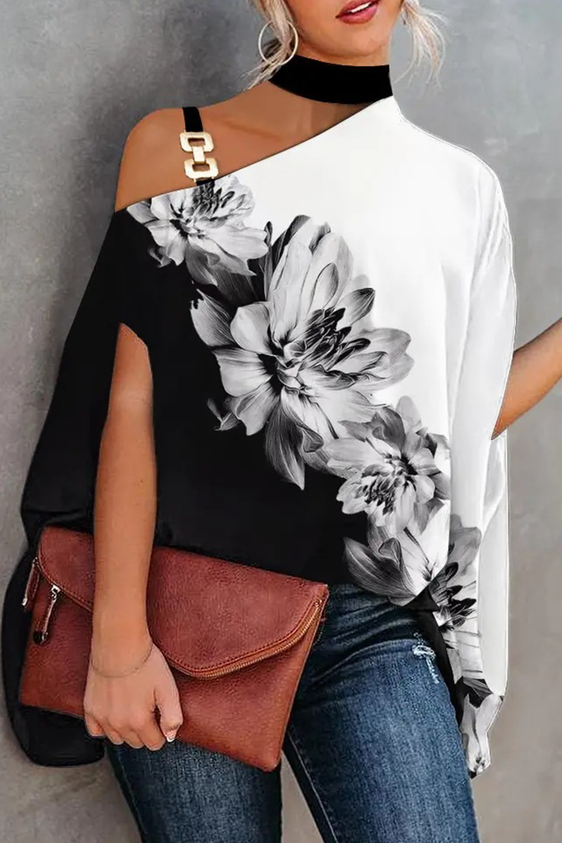 Xakxx - Fashion Print Patchwork One Shoulder Blouses(5 Colors)
