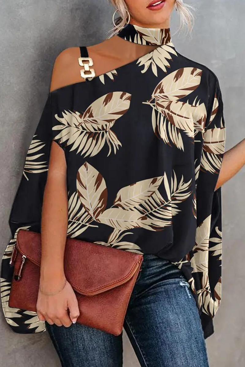 Xakxx - Fashion Print Patchwork One Shoulder Blouses(5 Colors)