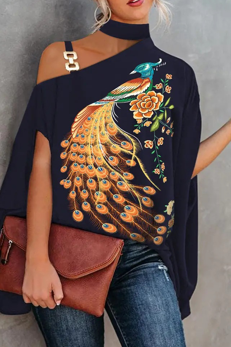 Xakxx - Fashion Print Patchwork One Shoulder Blouses(5 Colors)