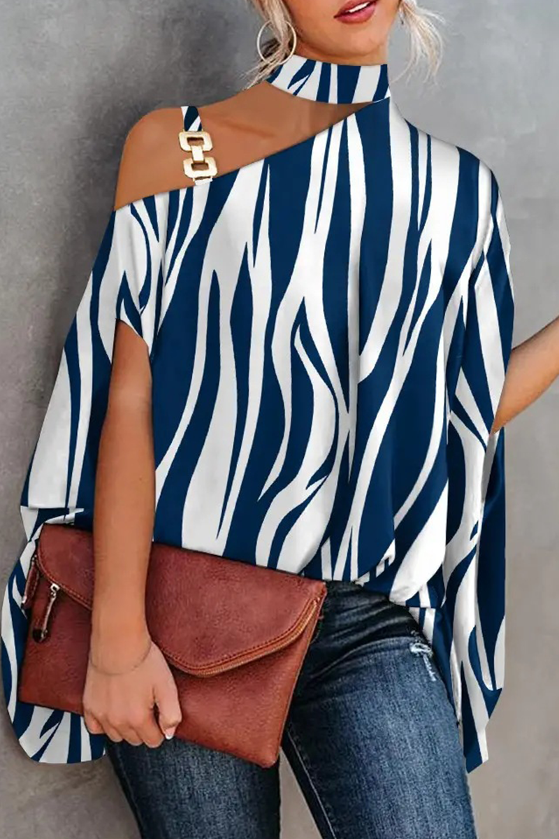 Xakxx - Fashion Print Patchwork One Shoulder Blouses(5 Colors)