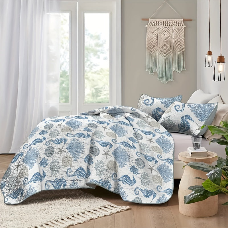 3pcs Vibrant Seahorse & Sea Star Bedspread Set - Soft, Light, Beach-Inspired Family Bedroom Decor - No Filling, Easy Care, Hypoallergenic, All-Season Comfort