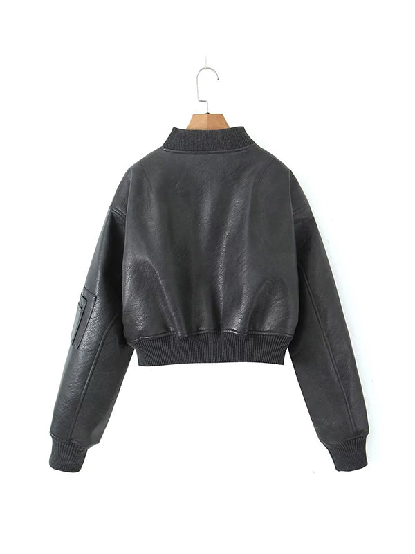 xakxx Quilted Solid Color Zipper Stand Collar PU Jackets Outerwear