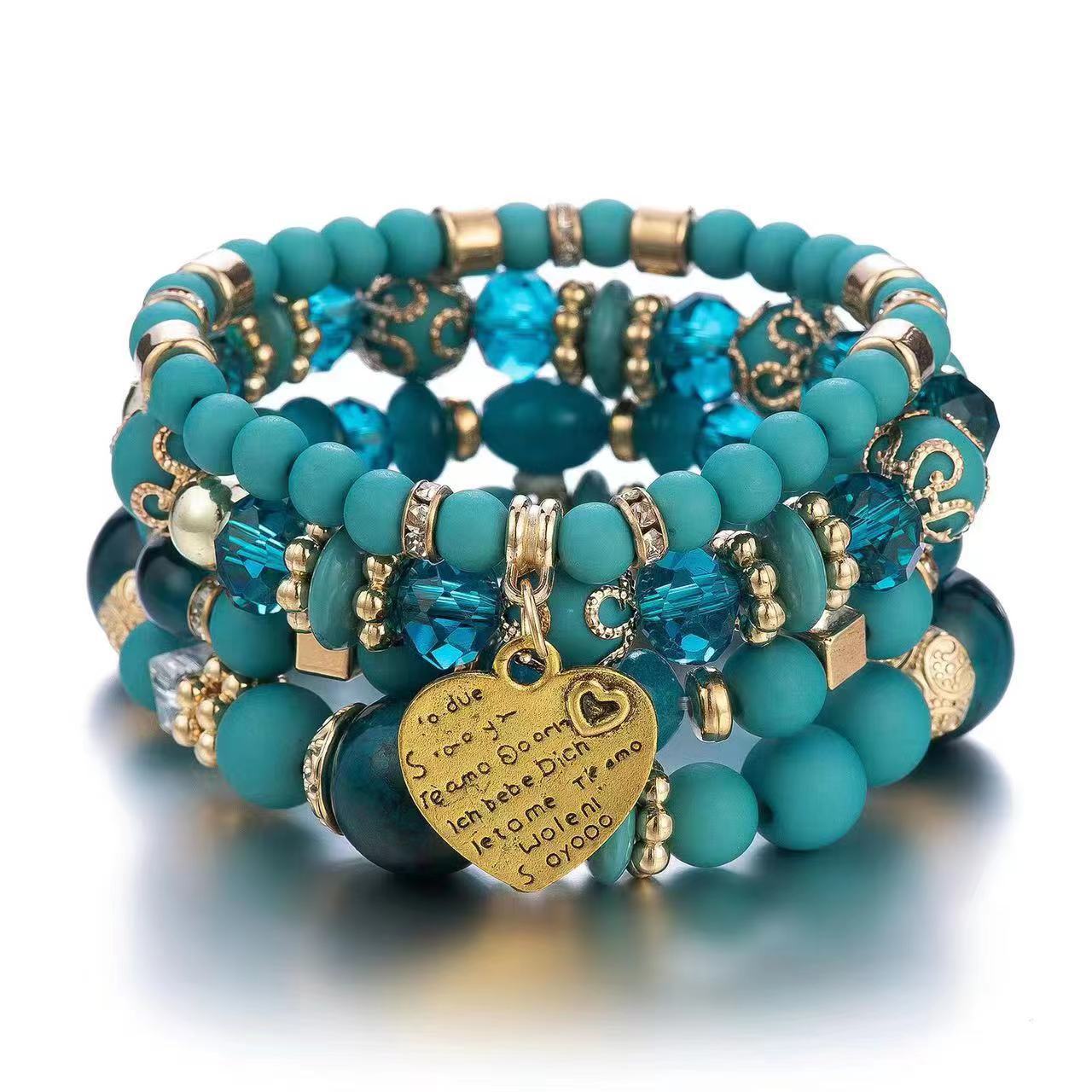 Chic Multilayer Bohemian Stretch Bracelet - Women's Hand Jewelry with Peach Heart Beads, Adjustable, Comfortable, and Stylish Accessory for Everyday Wear