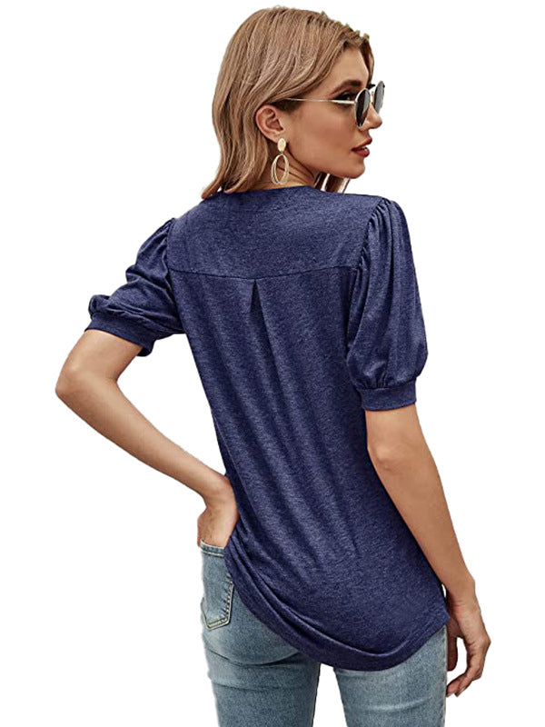 xakxx Simple Solid Color V-Neck Puff Sleeves T-Shirt Top